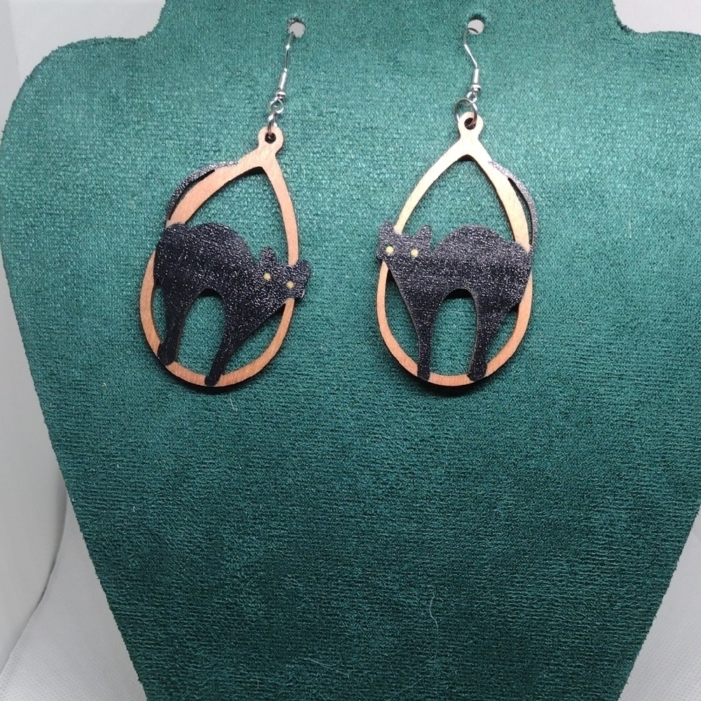 Chic Wooden Black Cat Teardrop Dangle Earrings | Playful Whimsical - Picture 2 of 4